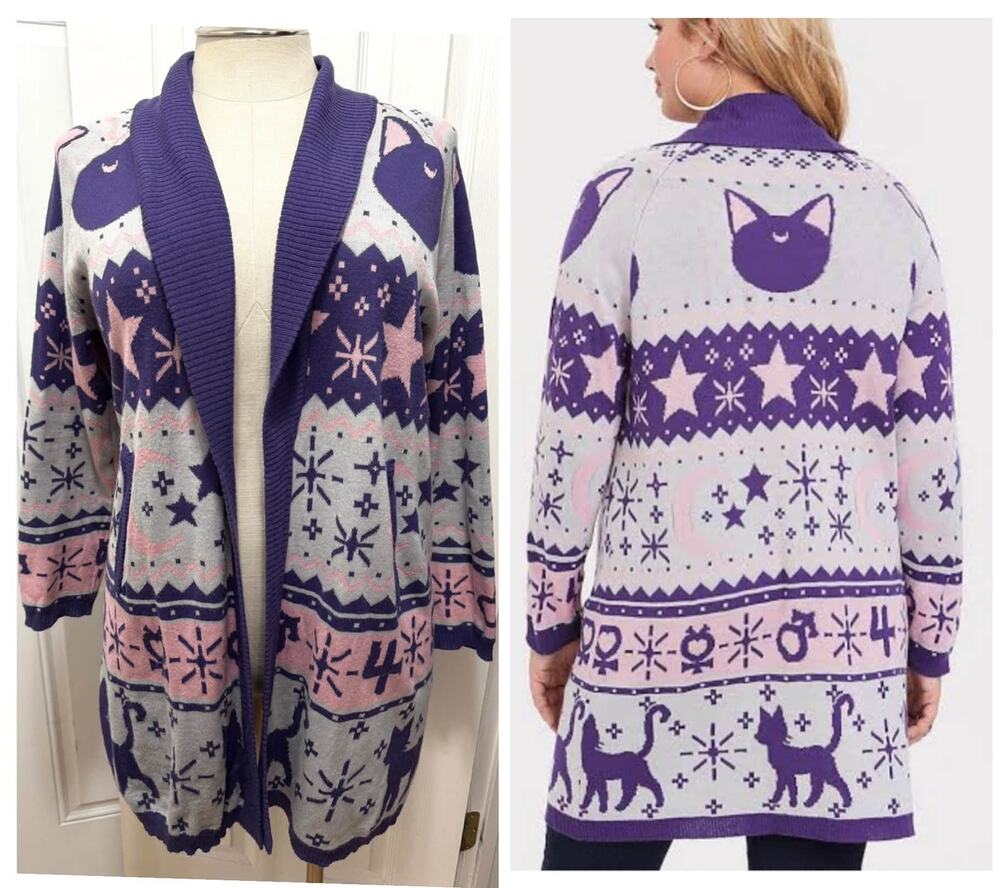 Torrid 1 (1X 14/16) Sailor Moon Open Cardigan Sweater Luna Artemis Star Moon